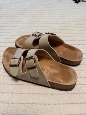 Cushionaire Double Buckle Slide Sandals in Beige